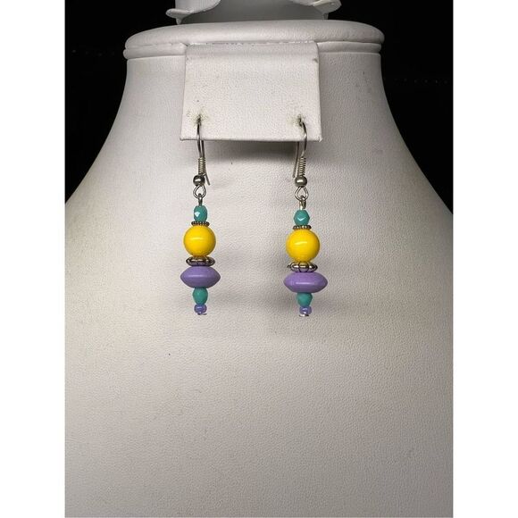 Pastel Wooden Bead dainty Dangle Earrings - Picture 1 of 6